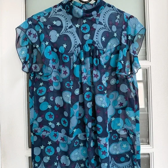 Anna Sui Silk Blue Patterned Women's Top, NWT, M - Picture 1 of 5